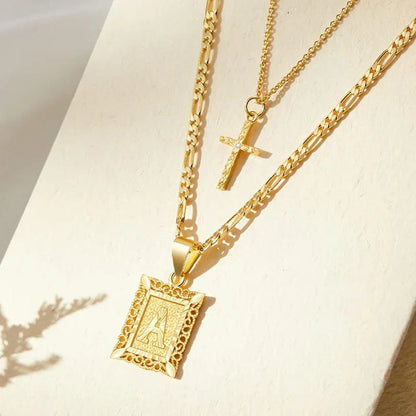 Cross Initial Necklace Set | Gold