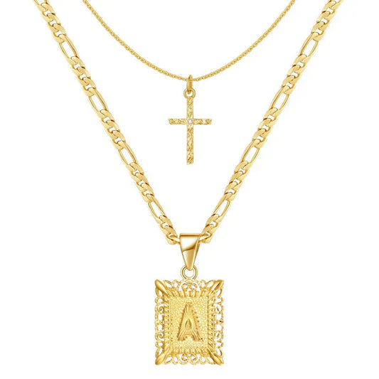 Cross Initial Necklace Set | Gold