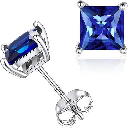 Minimalist Princess Cut Sapphire Stud Earrings | White Gold