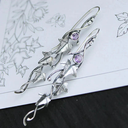 Antique Leaf Elf Earrings | White Gold