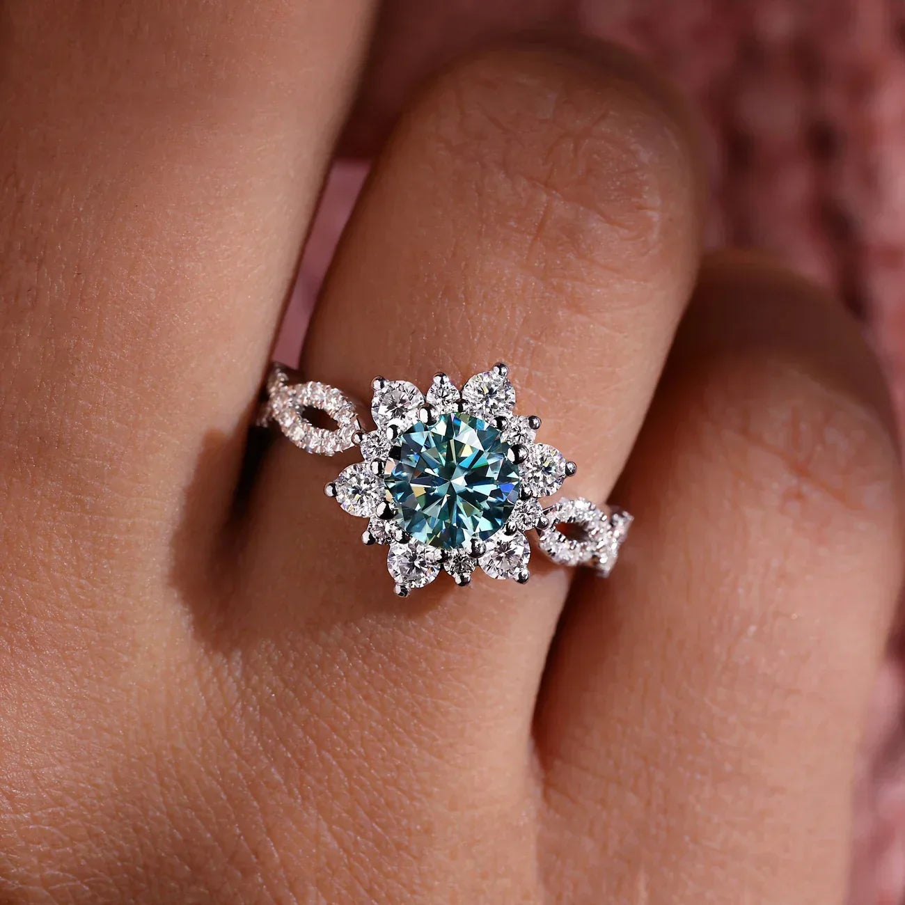 Crystal Turquoise Flower Ring | White Gold